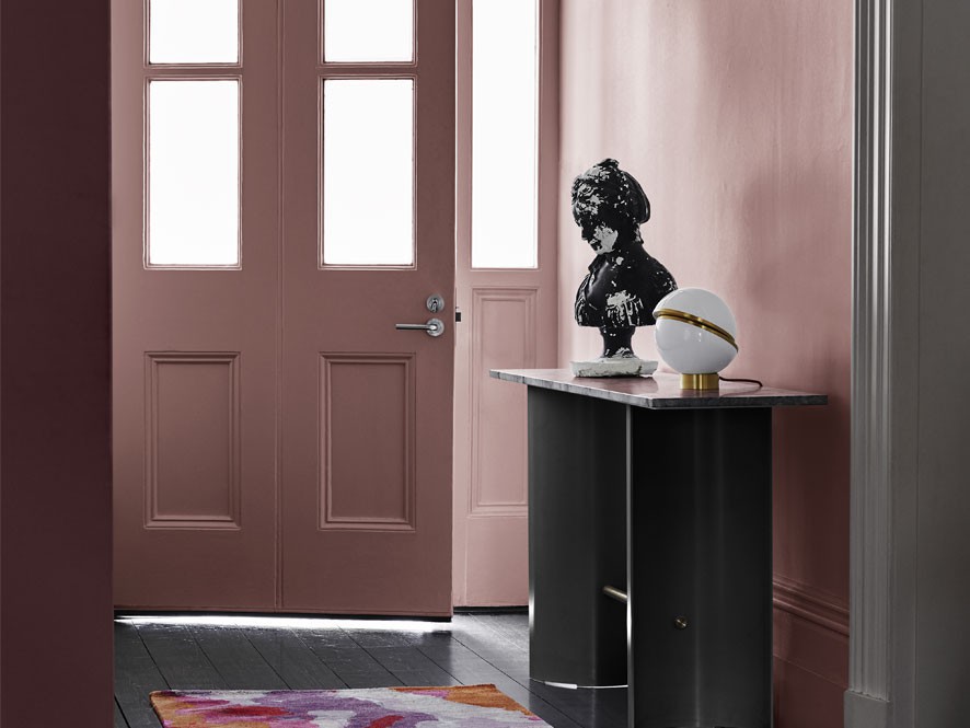 Forecast_reflect_Pink_Entry_Way_front_door_grey_timber_floorboards_Black_sculpture_white_sphere_rug