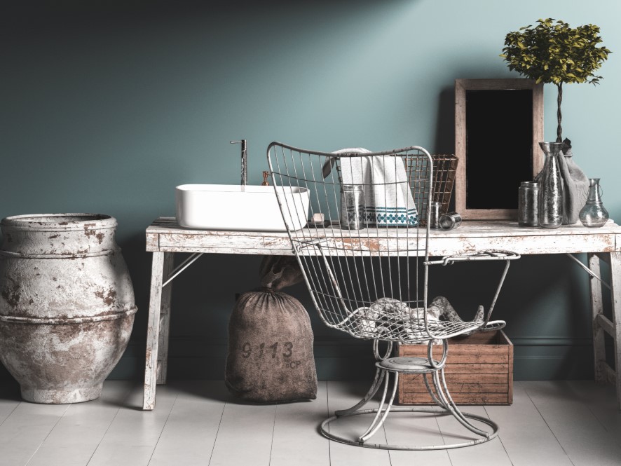 Industrial_Chic_Hallway_Grunge_Desk_metal_chair_faded_paint_pot_hand_wash_station