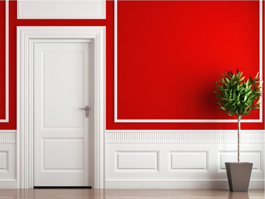 Striking_red_hallway_Contrasting_white_feature_wall_Light_timber_floor_Green_plant_pot